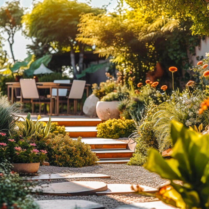Jardin paysager, jardin d&rsquo;agrément, avec escalier – Générative iA