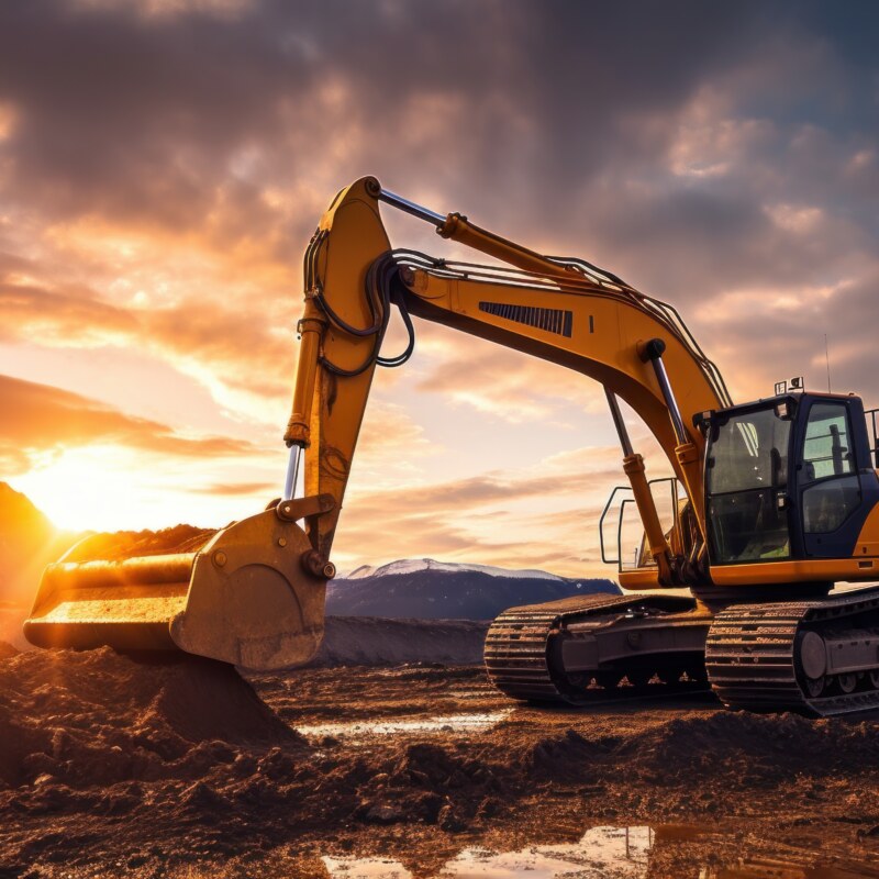 Excavator in earthworks in an open pit mine. Dig ore with an excavator in a quarry at sunset. Heavy construction equipment and Heavy Machinery during excavation at the Mining Site. Mining excavator